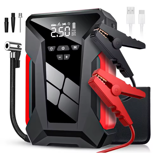 Démarreur de Voiture Multifonction 28000 mAh – Booster, Compresseur &amp; Powerbank