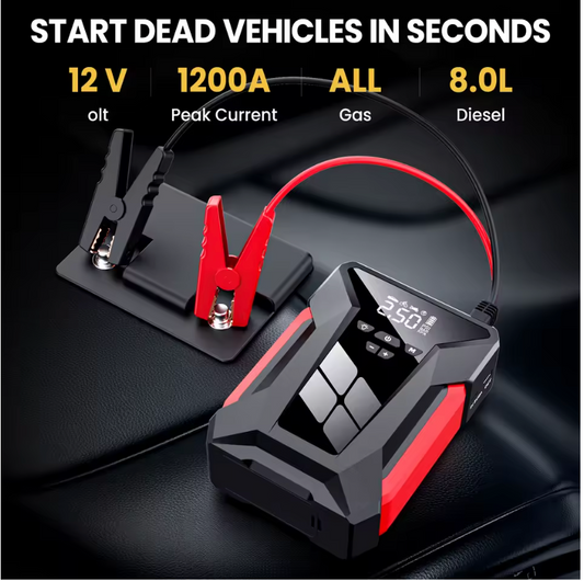 Démarreur de Voiture Multifonction 28000 mAh – Booster, Compresseur &amp; Powerbank