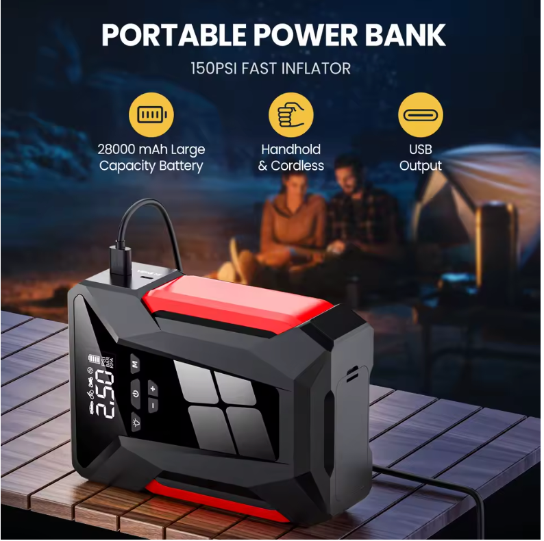 Démarreur de Voiture Multifonction 28000 mAh – Booster, Compresseur &amp; Powerbank
