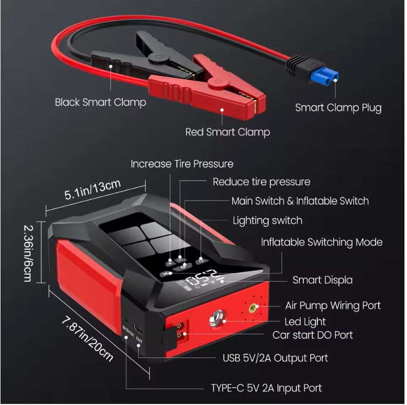 Démarreur de Voiture Multifonction 28000 mAh – Booster, Compresseur &amp; Powerbank