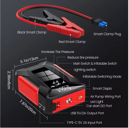 Démarreur de Voiture Multifonction 28000 mAh – Booster, Compresseur &amp; Powerbank